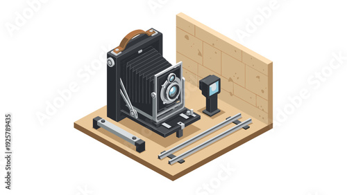 Vintage camera on display with slide viewer in isometric design