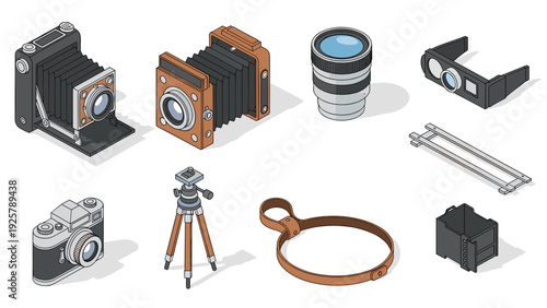 Isometric vintage photography equipment set with cameras and accessories