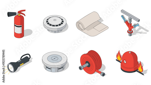 Essential fire safety equipment in isometric design for modern safety solutions