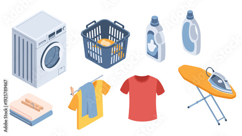 Isometric laundry essentials: washing machine, basket, detergent, ironing board, clothes