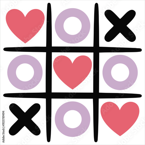 Tic tac toe game with hearts for Valentine Day romantic activity and love themed illustration concepts