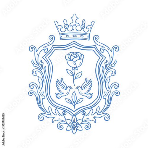 Vintage heraldic crest with rose flower, two birds, royal crown. Classic blue line art vector flat illustration for elegant family emblem, luxury branding, romantic wedding logo design