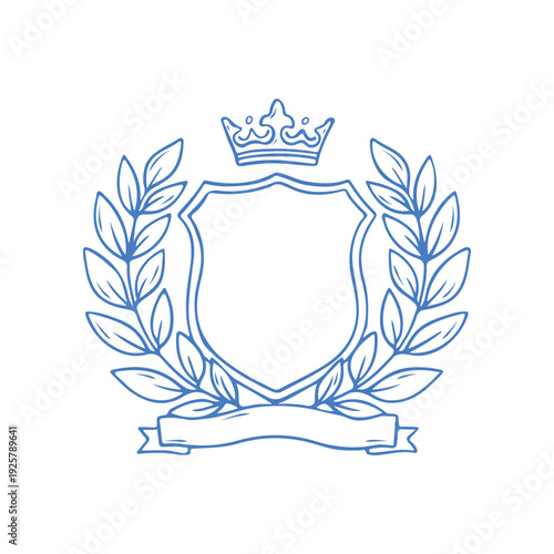 Vintage heraldic crest with blank shield, laurel wreath, royal crown, ribbon banner. Classic blue line art vector illustration for elegant family emblem, luxury branding, achievement award design