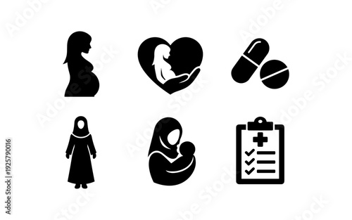 Collection of healthcare and maternity icons representing pregnancy, motherhood, and medical care