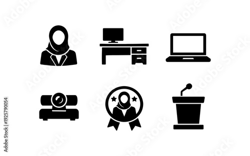 Collection of business and professional icons featuring a woman in hijab, office desk, laptop, projector, award, and podium