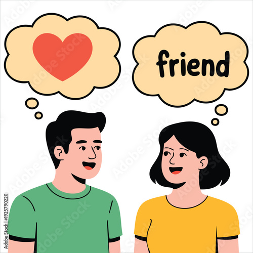 Office love concept with businessman feeling love for businesswoman who sees him as friend only