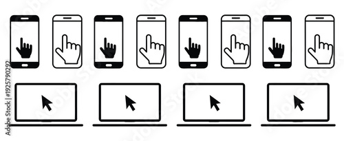 Click and touch vector icon set, computer mouse on laptop screen and hand touching smartphone screen, including cursor and finger touch symbols for apps, websites, UI design, and digital interaction i