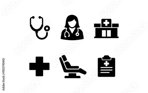 Collection of medical icons including stethoscope, doctor, hospital, cross, chair, and chart