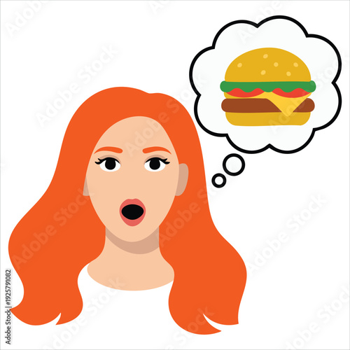Woman thinking about hamburger for food craving and unhealthy junk food concepts