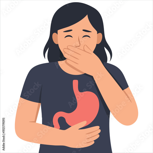Female character with nausea and green face for medical problem and pregnancy symptom designs