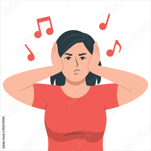 Woman covers ears due to loud noise for sound sensitivity and auditory stress concepts