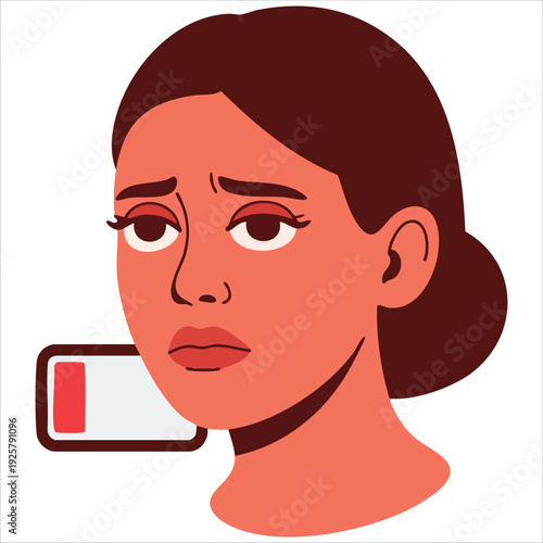Tired woman portrait with low battery for fatigue and exhaustion vector concepts
