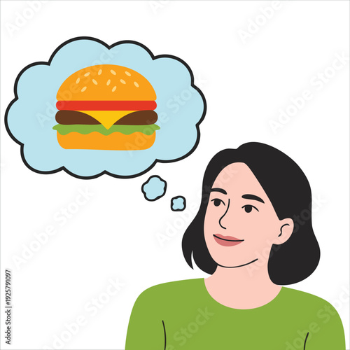 Hungry girl dreaming of burger for fast food craving and unhealthy eating designs