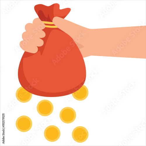 Hand holding torn money bag with falling golden coins for financial crisis concepts