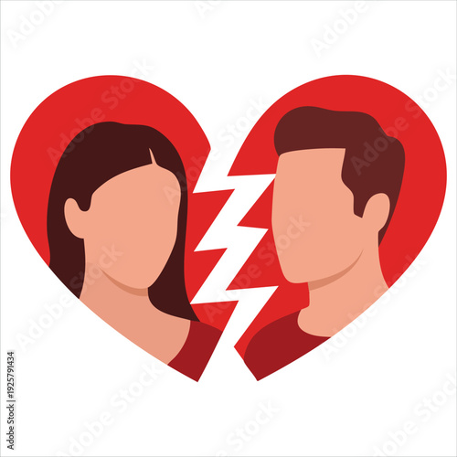 Split heart with people for divorce and romantic separation vector concepts