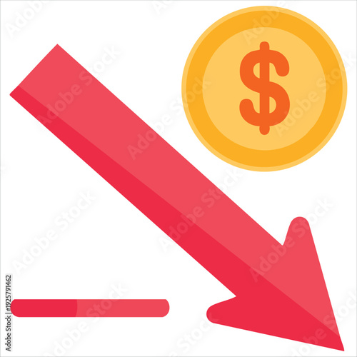 Red arrow pointing down with golden dollar coin for economy recession concepts