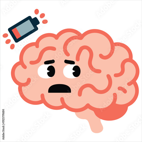Brain sticker with low battery symbol for mental fatigue and depression concepts