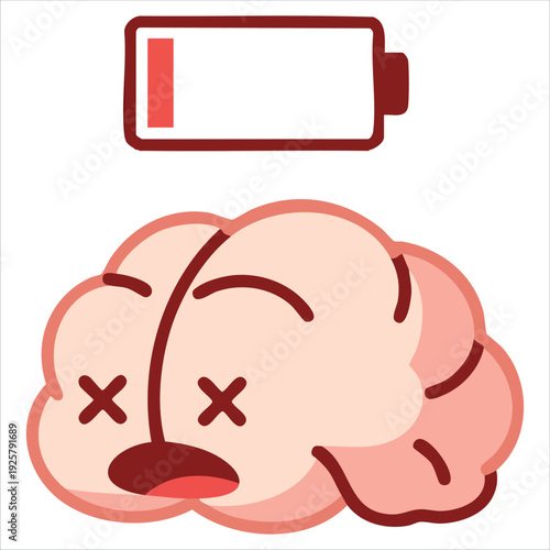 Exhausted brain character with low battery for mental health and fatigue concepts