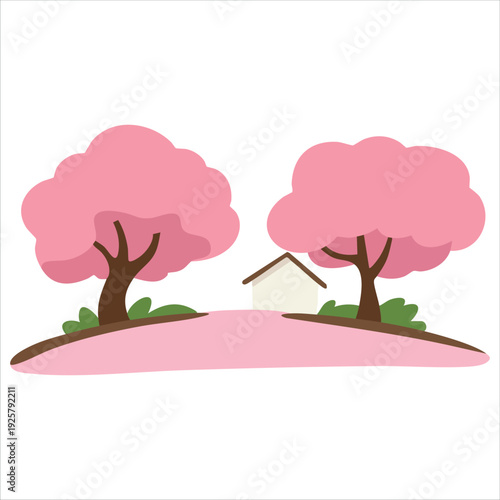 Spring background with cherry blossom trees and house for seasonal designs