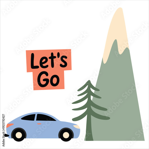 Let go handwritten lettering with car and mountain for camping print