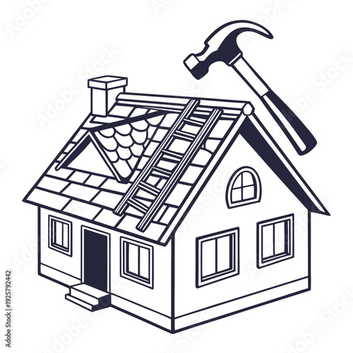 A house with a hammer on the roof for repair