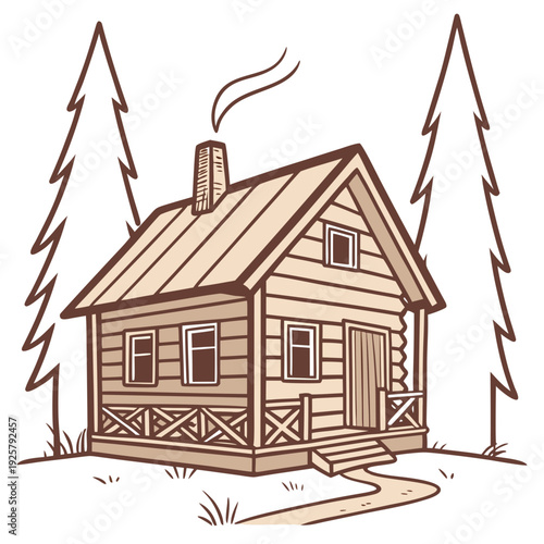 A small wooden house in the woods with smoke coming out of the chimney