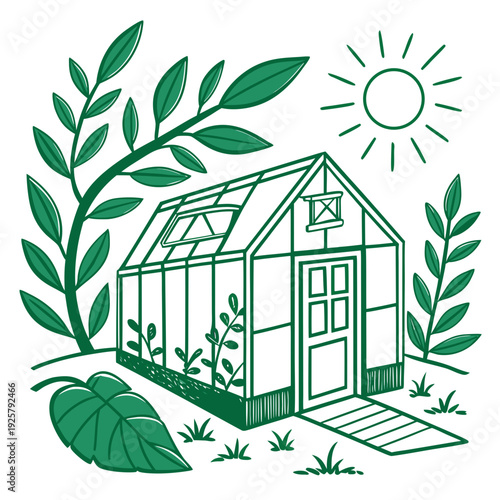 A green line drawing of a greenhouse with plants and a sun