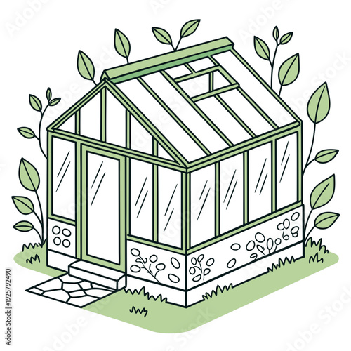 A small greenhouse with plants growing around it