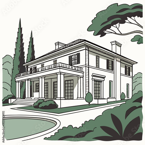 A large white house with a driveway and trees