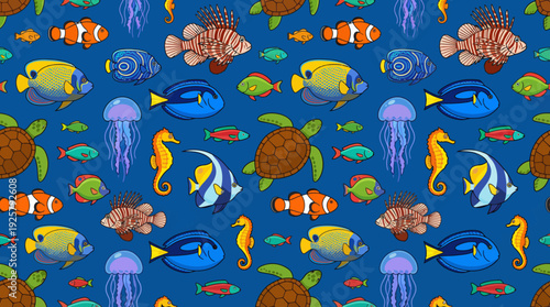 Colorful underwater pattern featuring clownfish, seahorses, jellyfish, sea turtles and coral on a blue ocean backdrop