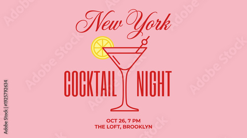 New York Cocktail Night poster featuring a pink background, cocktail glass with lemon slice, and venue details for The Loft, Brooklyn.