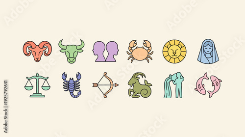 Set of twelve pastel zodiac sign icons (Aries to Pisces) for astrology, horoscopes, and celestial design.