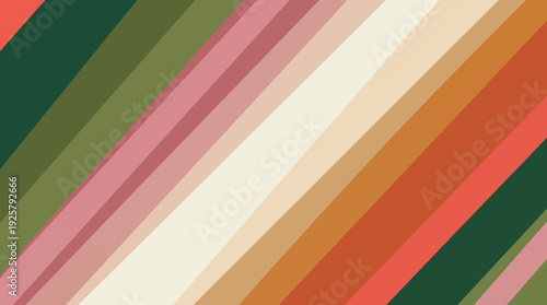 Abstract diagonal color stripe pattern with greens, pinks, creams and reds in a bold retro-inspired modern design
