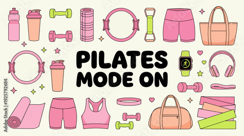 Pastel pink Pilates and fitness gear collage featuring mats, dumbbells, water bottle, bands, ring, hoop, and stylish activewear