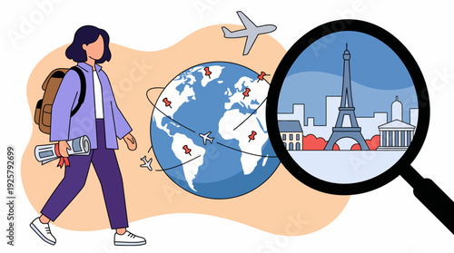 Young traveler with backpack exploring the world map, globe, airplane, and Paris landmarks under a magnifying glass.