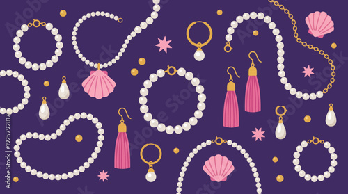 Elegant pearl jewelry collection with pearl necklaces, bracelets, tassel earrings, and seashell accents on a rich purple background