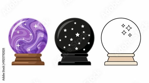 Three crystal balls on stands — purple swirled orb, starry black orb, and white diamond-pattern orb for fortune telling and divination.