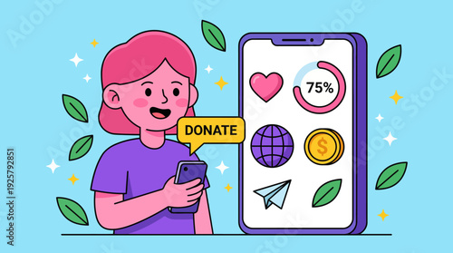 Cheerful young woman donating via a mobile app with a prominent Donate button and charity icons on the screen