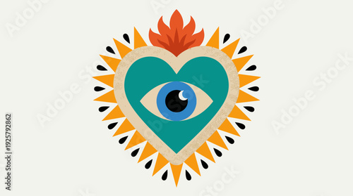 Colorful heart with sunburst rays and a central eye motif, a stylized sacred heart illustration
