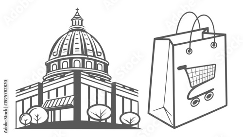 Modern shopping experience with iconic building and eco friendly bag