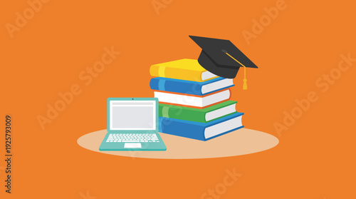Colorful stack of books with a graduation cap and a laptop on an orange background, symbolizing study, learning, and higher education