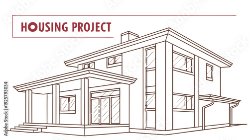 Modern two-story house with porch and garage for housing project