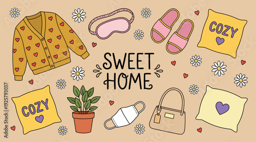 Cozy home lifestyle illustration featuring a knit cardigan, slippers, plant, mug, tote bag and cheerful 'Cozy' signs around a central 'Sweet Home' text