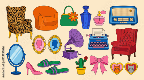Eclectic retro fashion and home decor collage featuring vintage chairs, handbags, heels, hats, mirrors, perfume bottles, a typewriter, radio, lamp, flowers, and decorative accents.
