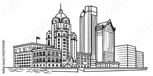 Modern cityscape with sleek skyscrapers and historic buildings