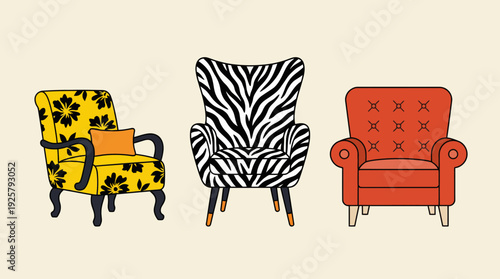Set of three eclectic upholstered armchairs: yellow floral pattern chair, zebra-striped high-back chair, and orange tufted chair on a light beige studio background.