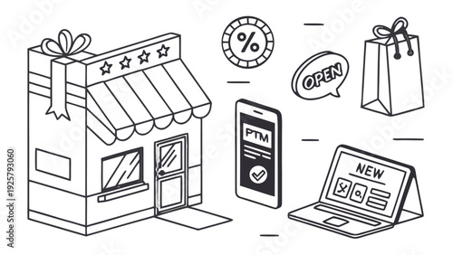 Modern e-commerce storefront with mobile shopping and laptop