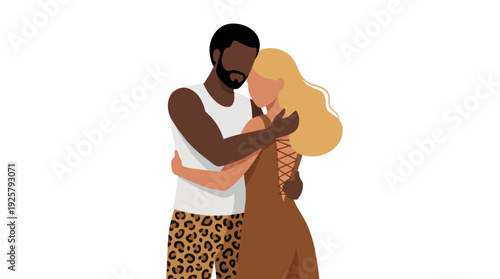 Romantic embrace between a diverse couple illustrated in vector art, capturing love, affection, connection, and warm, intimate chemistry.