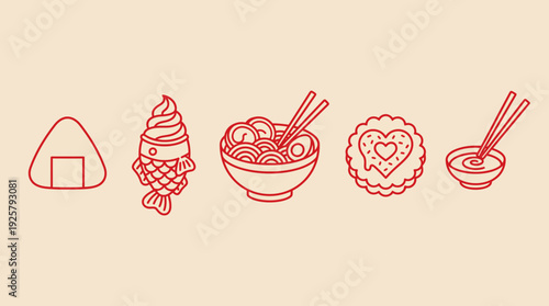 Minimalist red line art icons of Japanese foods: onigiri, ramen, ice cream, donburi bowls and chopsticks