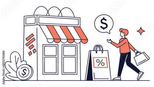 Person shopping with discount bag near store with money symbols